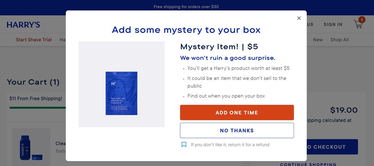 Harry's Razors surprise and delight customer experience email offering free premium product samples to increase loyalty and lifetime value